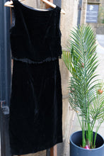 Load image into Gallery viewer, 1960's Velvet Wiggle Dress with Tassels and Scalloped cut, size 6-8