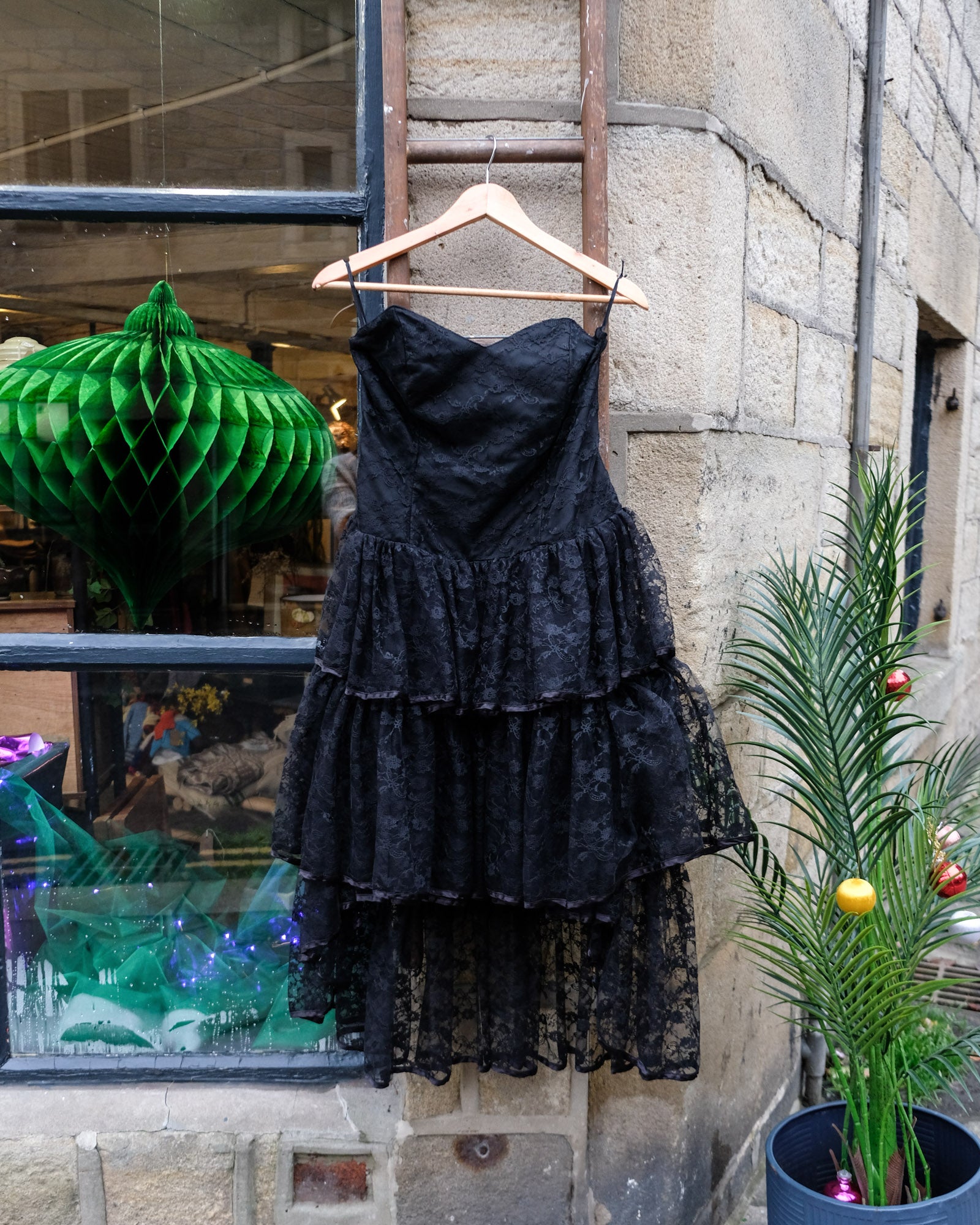 knee length dresses for ladies 1980's Strapless Black Lace Ra-Ra Dress, size 8/10
